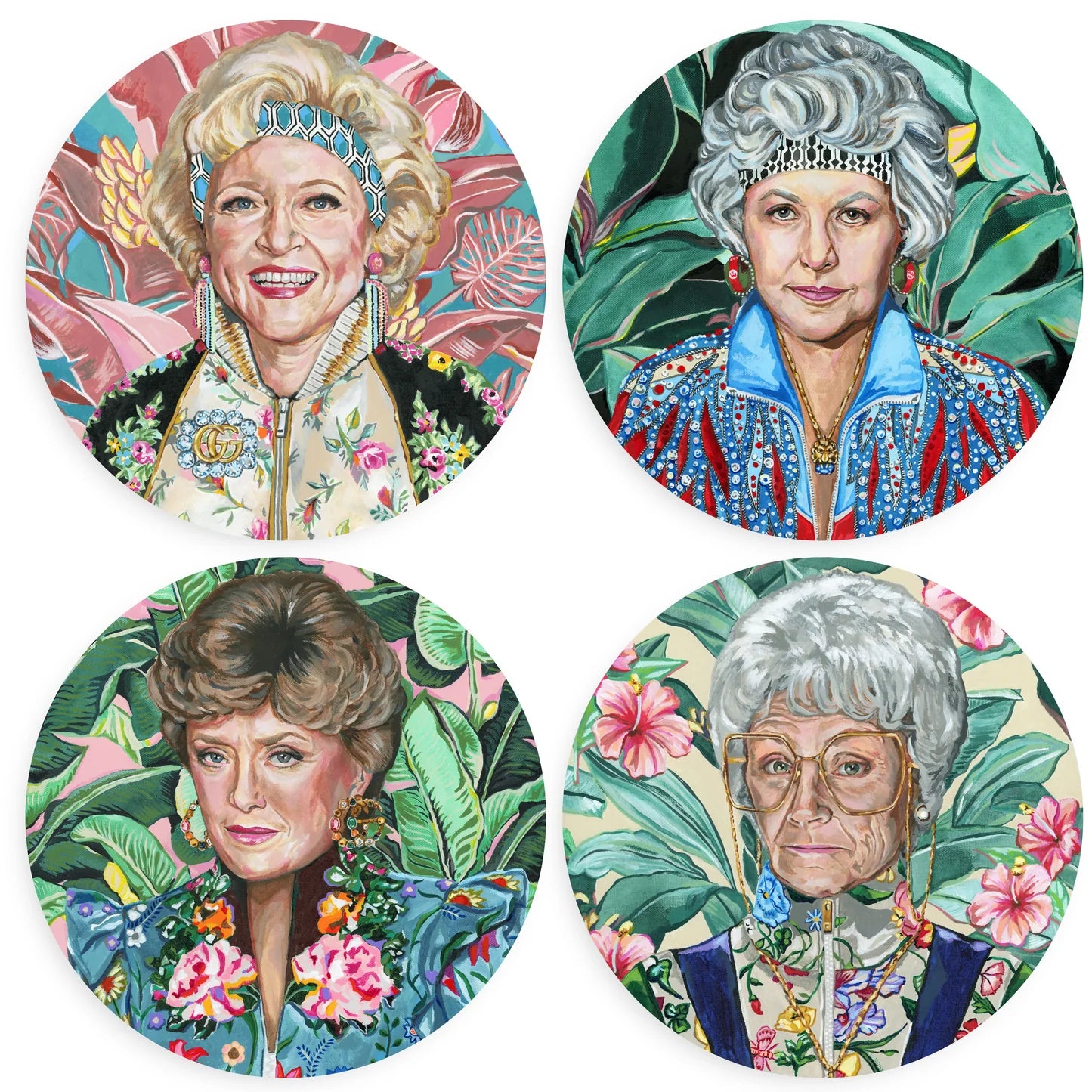 4 Golden Gals Coasters & Stand