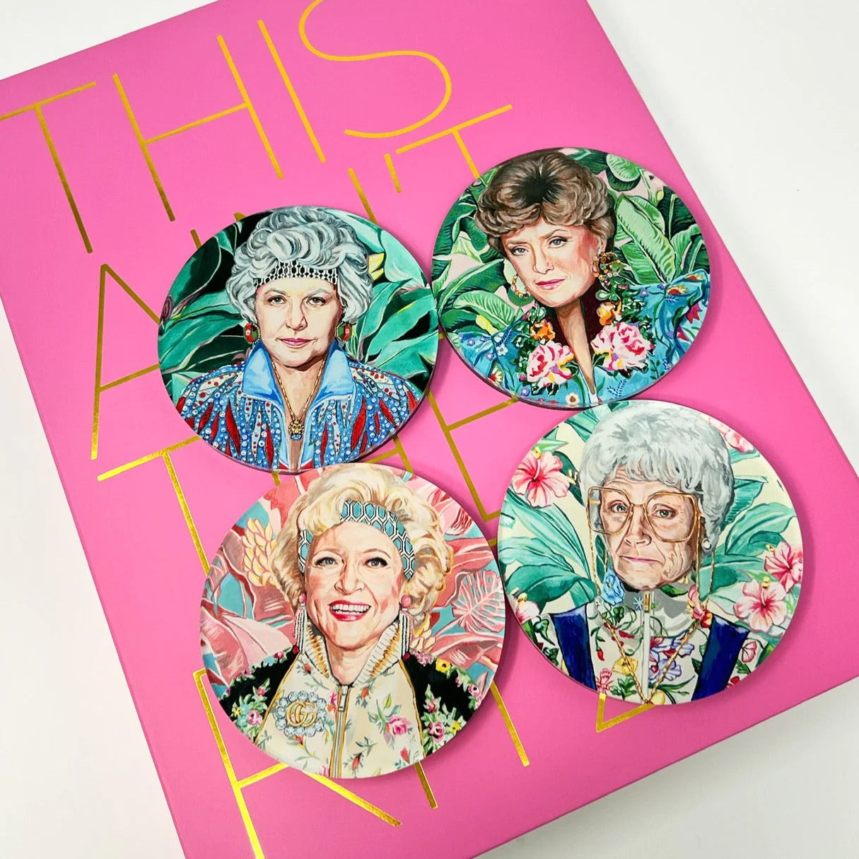 4 Golden Gals Coasters & Stand