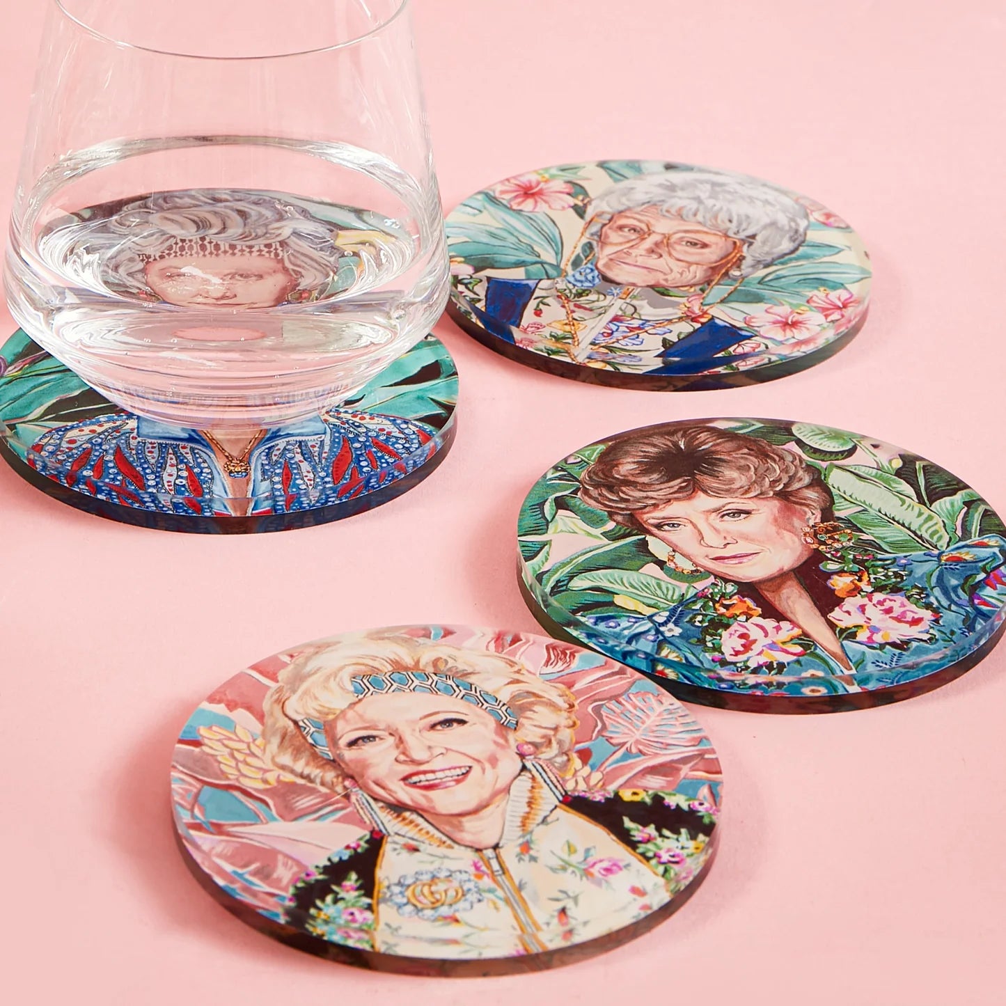 4 Golden Gals Coasters & Stand