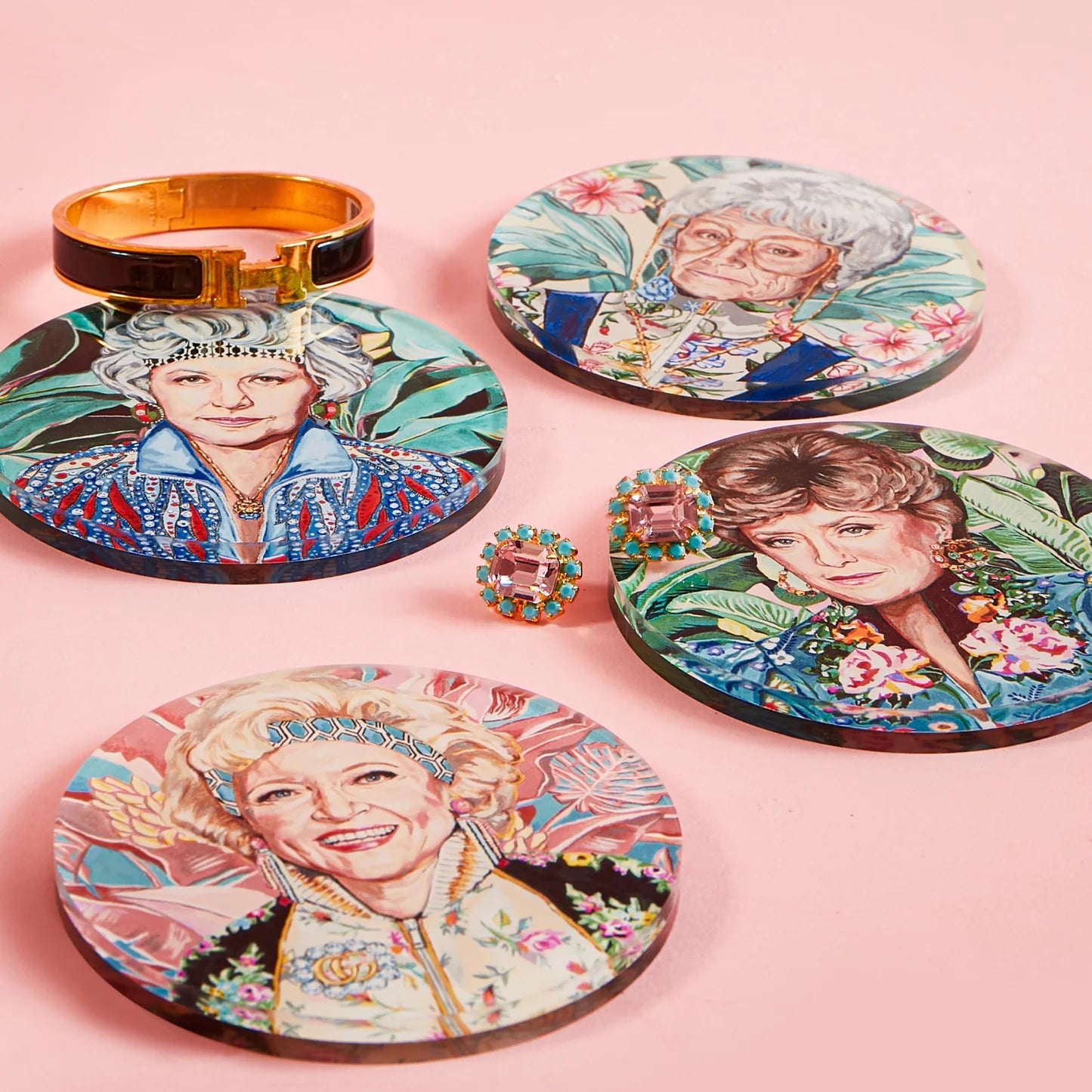 4 Golden Gals Coasters & Stand