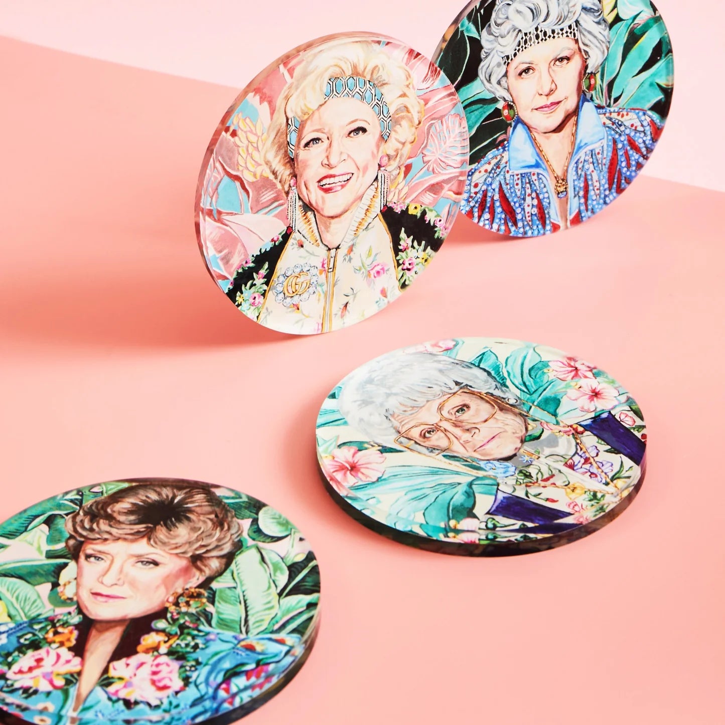 4 Golden Gals Coasters & Stand